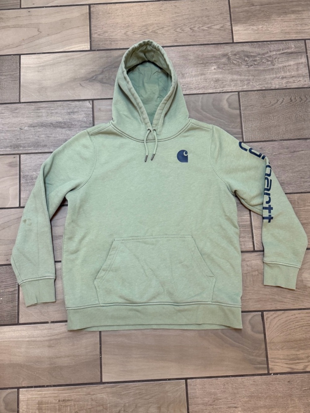 Kids Carhartt Light Sage Green Pullover Hoodie with Sleeve Logo